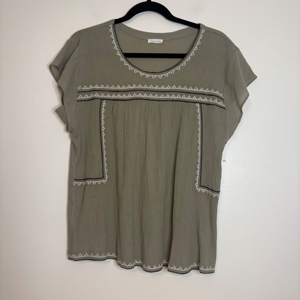 Garnet Hill Olive Green Embroidered Short Sleeve Blouse
